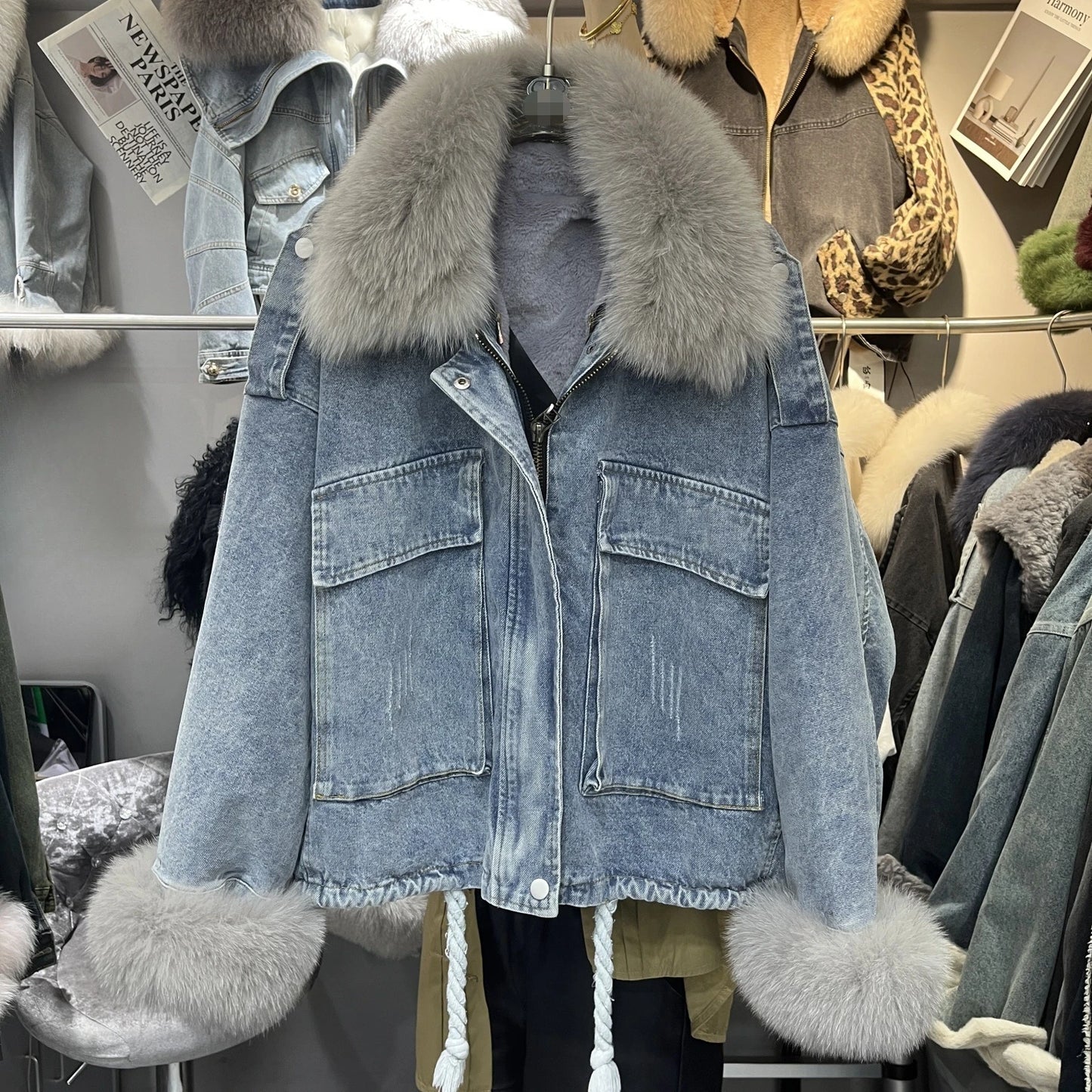 Winter Denim Jacket with Fox Fur Collar – Fleece-Lined Thick Cotton Coat, Oversized Korean Style, Batwing Sleeves