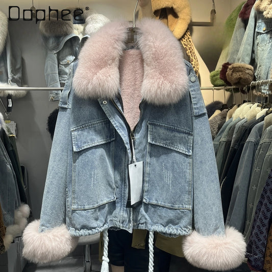 Winter Denim Jacket with Fox Fur Collar – Fleece-Lined Thick Cotton Coat, Oversized Korean Style, Batwing Sleeves