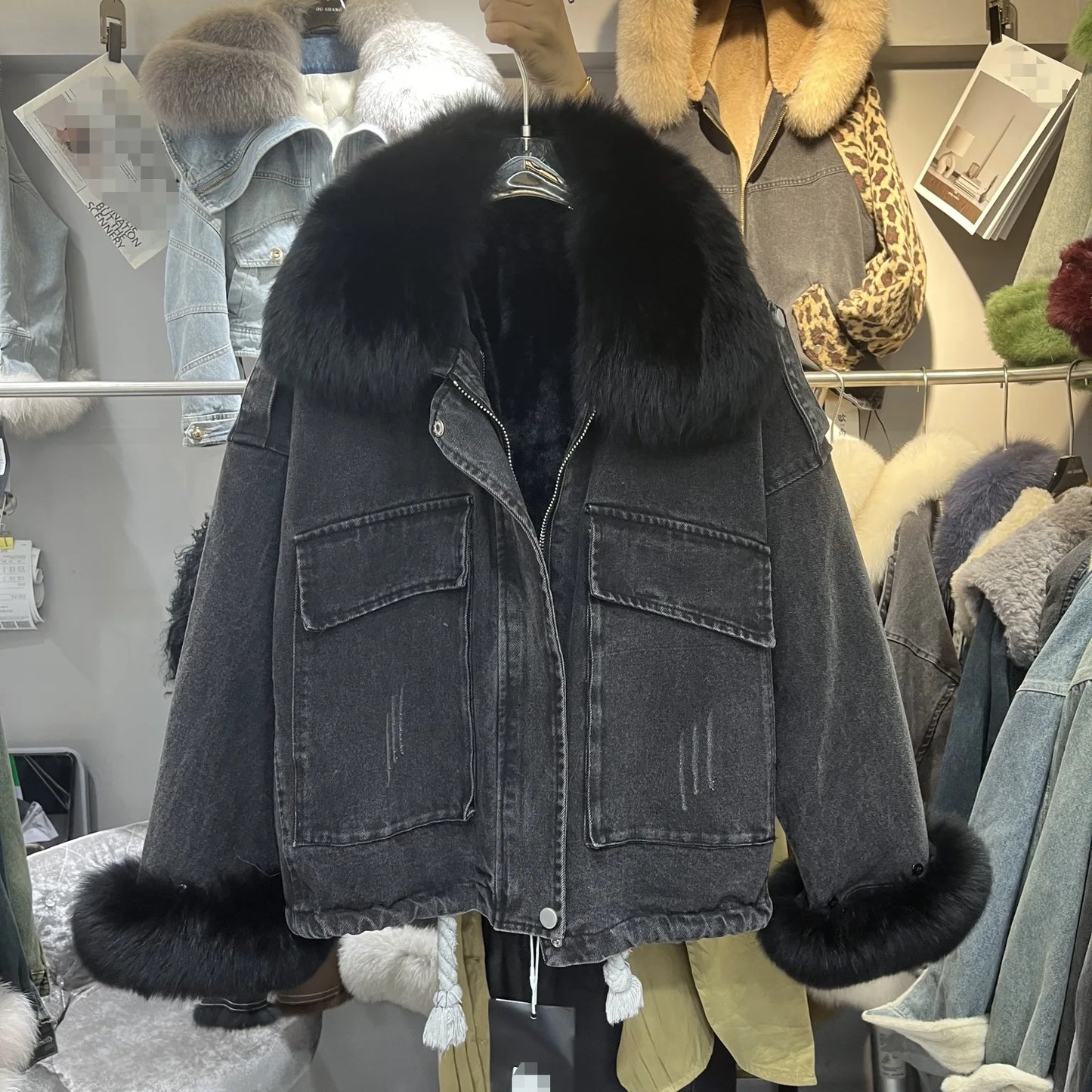 Winter Denim Jacket with Fox Fur Collar – Fleece-Lined Thick Cotton Coat, Oversized Korean Style, Batwing Sleeves