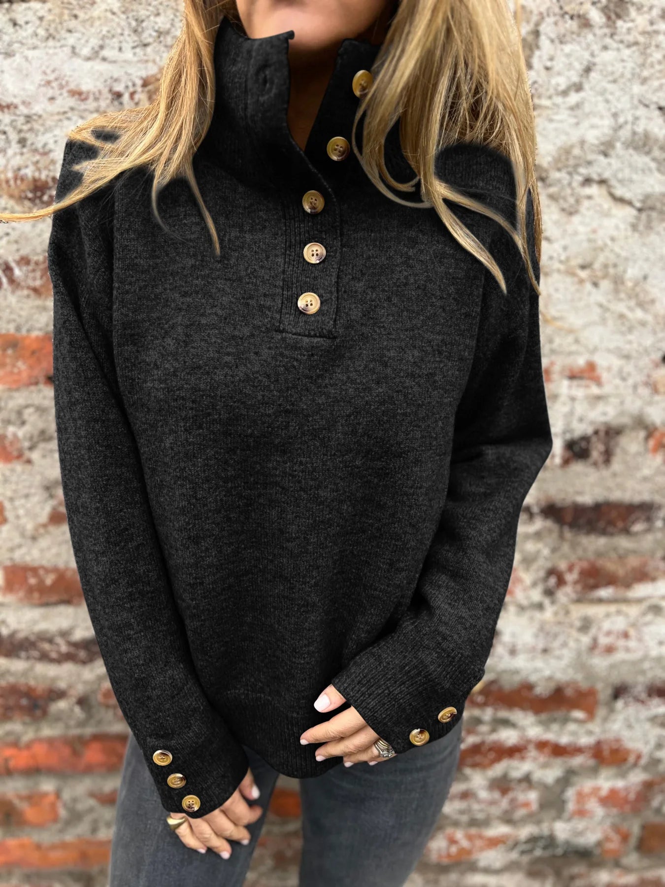 Chic Button Stand Collar Sweater – Stay Cosy & Stylish