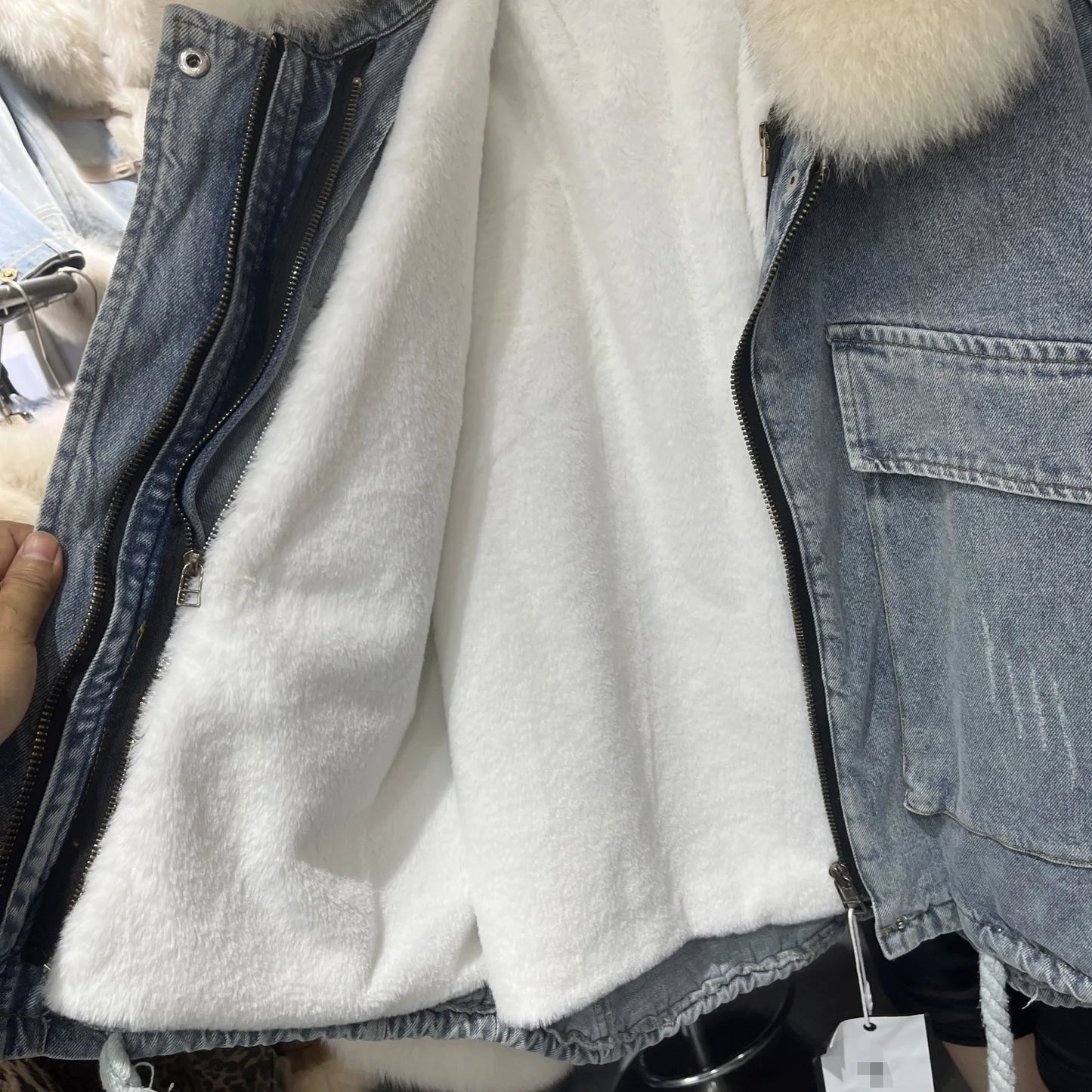 Winter Denim Jacket with Fox Fur Collar – Fleece-Lined Thick Cotton Coat, Oversized Korean Style, Batwing Sleeves