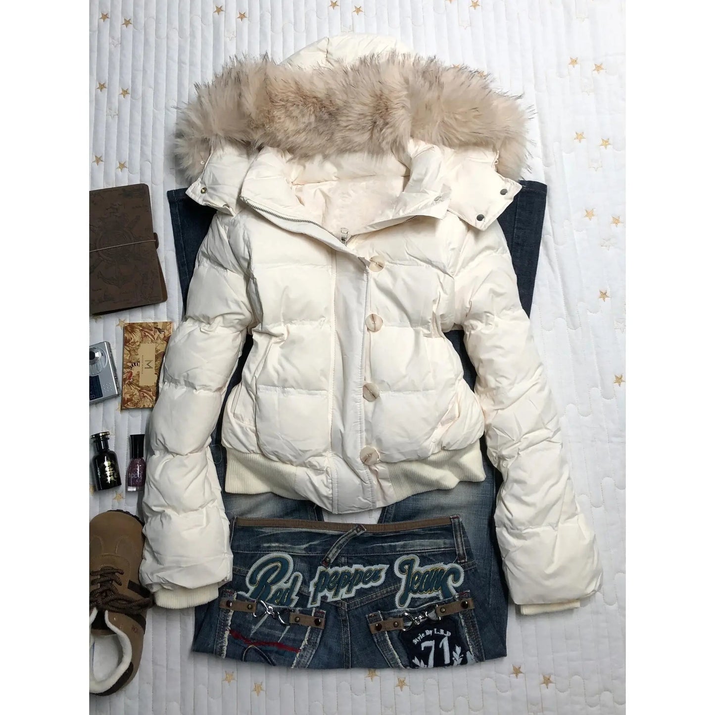 American Retro Women’s Hooded Cotton Jacket with Fur Collar – Warm Winter Casual Coat