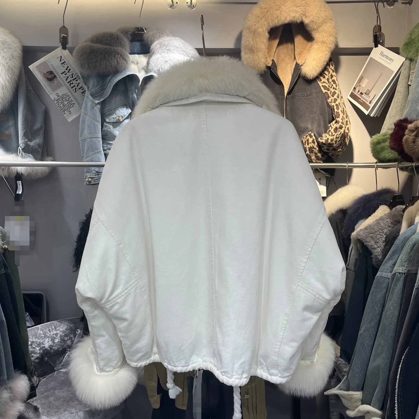 Winter Denim Jacket with Fox Fur Collar – Fleece-Lined Thick Cotton Coat, Oversized Korean Style, Batwing Sleeves