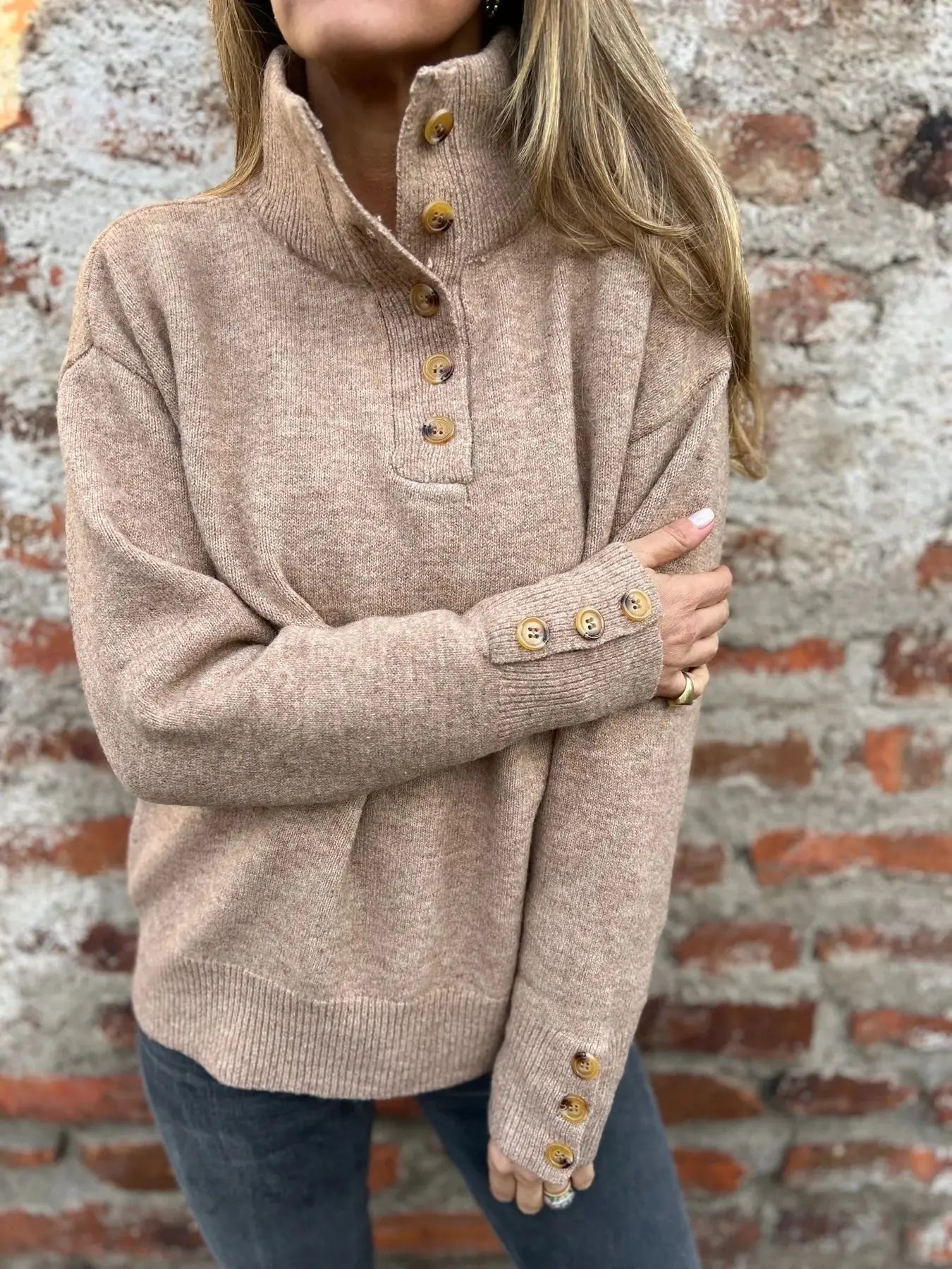 Chic Button Stand Collar Sweater – Stay Cosy & Stylish