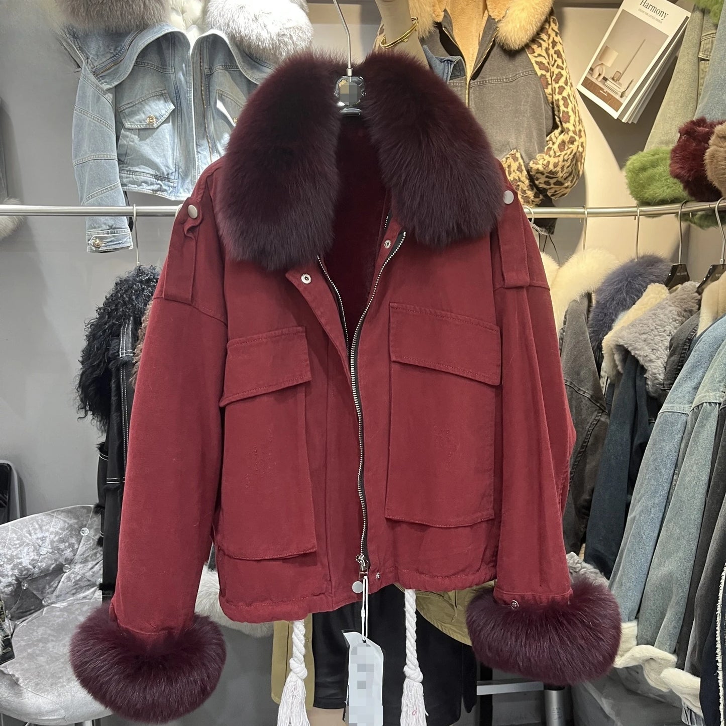 Winter Denim Jacket with Fox Fur Collar – Fleece-Lined Thick Cotton Coat, Oversized Korean Style, Batwing Sleeves