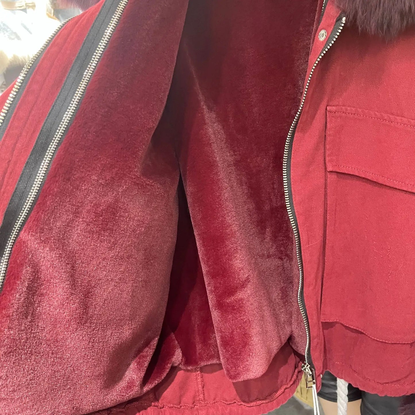 Winter Denim Jacket with Fox Fur Collar – Fleece-Lined Thick Cotton Coat, Oversized Korean Style, Batwing Sleeves