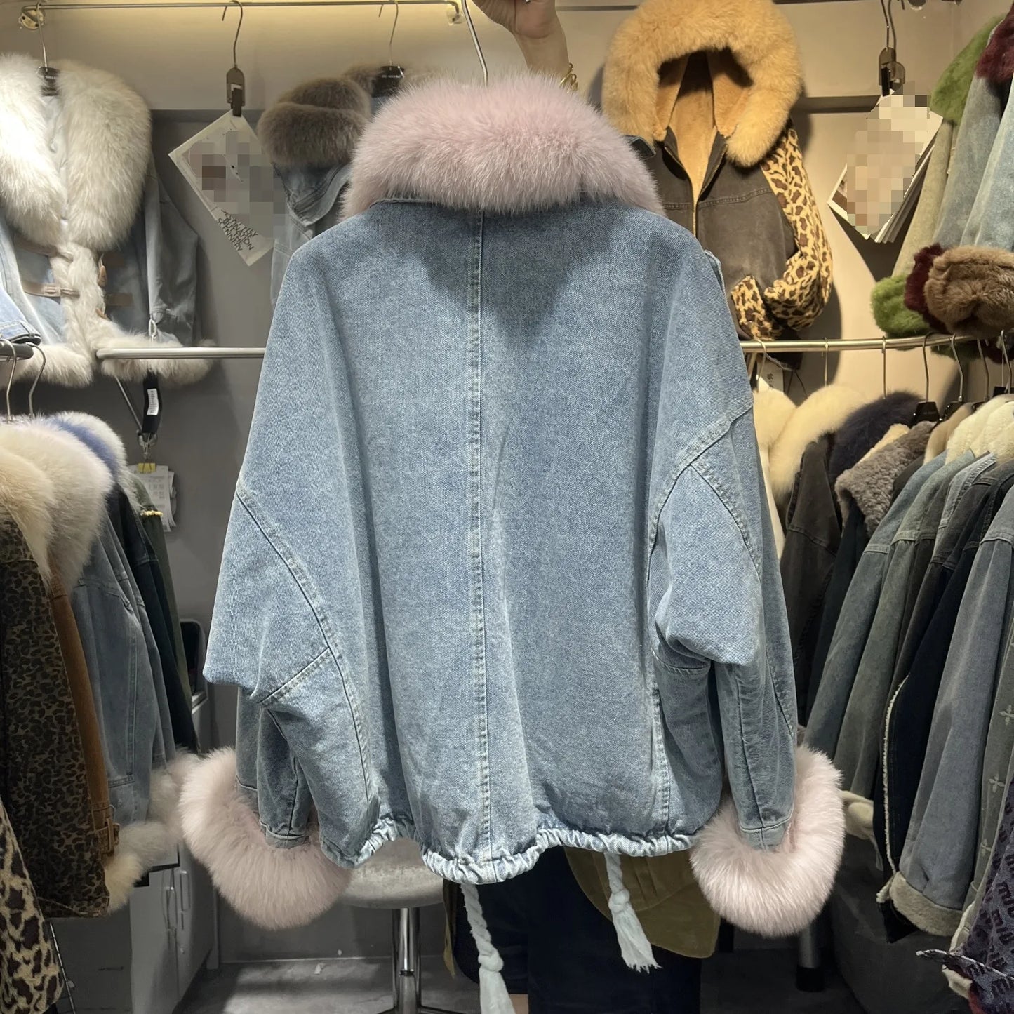 Winter Denim Jacket with Fox Fur Collar – Fleece-Lined Thick Cotton Coat, Oversized Korean Style, Batwing Sleeves