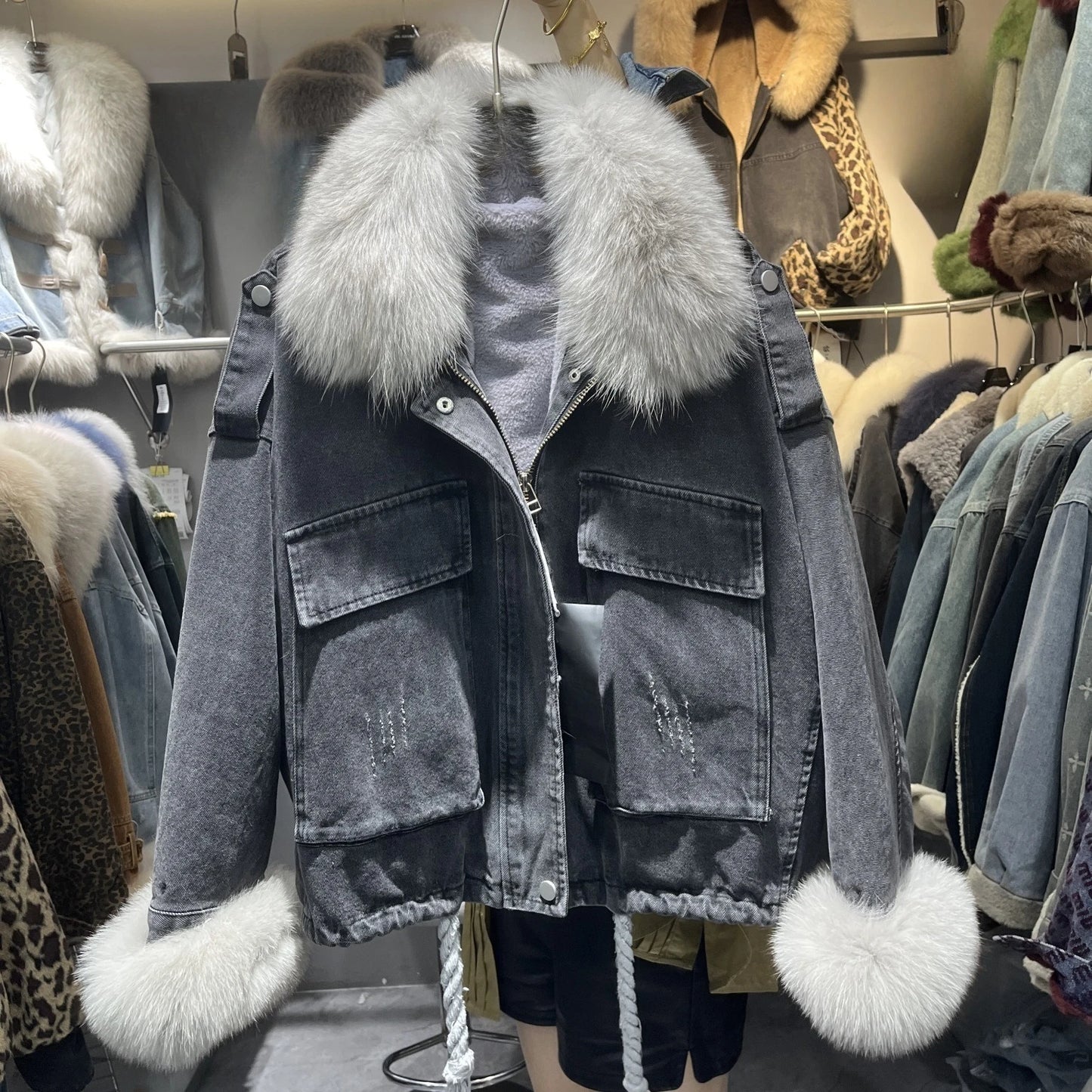 Winter Denim Jacket with Fox Fur Collar – Fleece-Lined Thick Cotton Coat, Oversized Korean Style, Batwing Sleeves