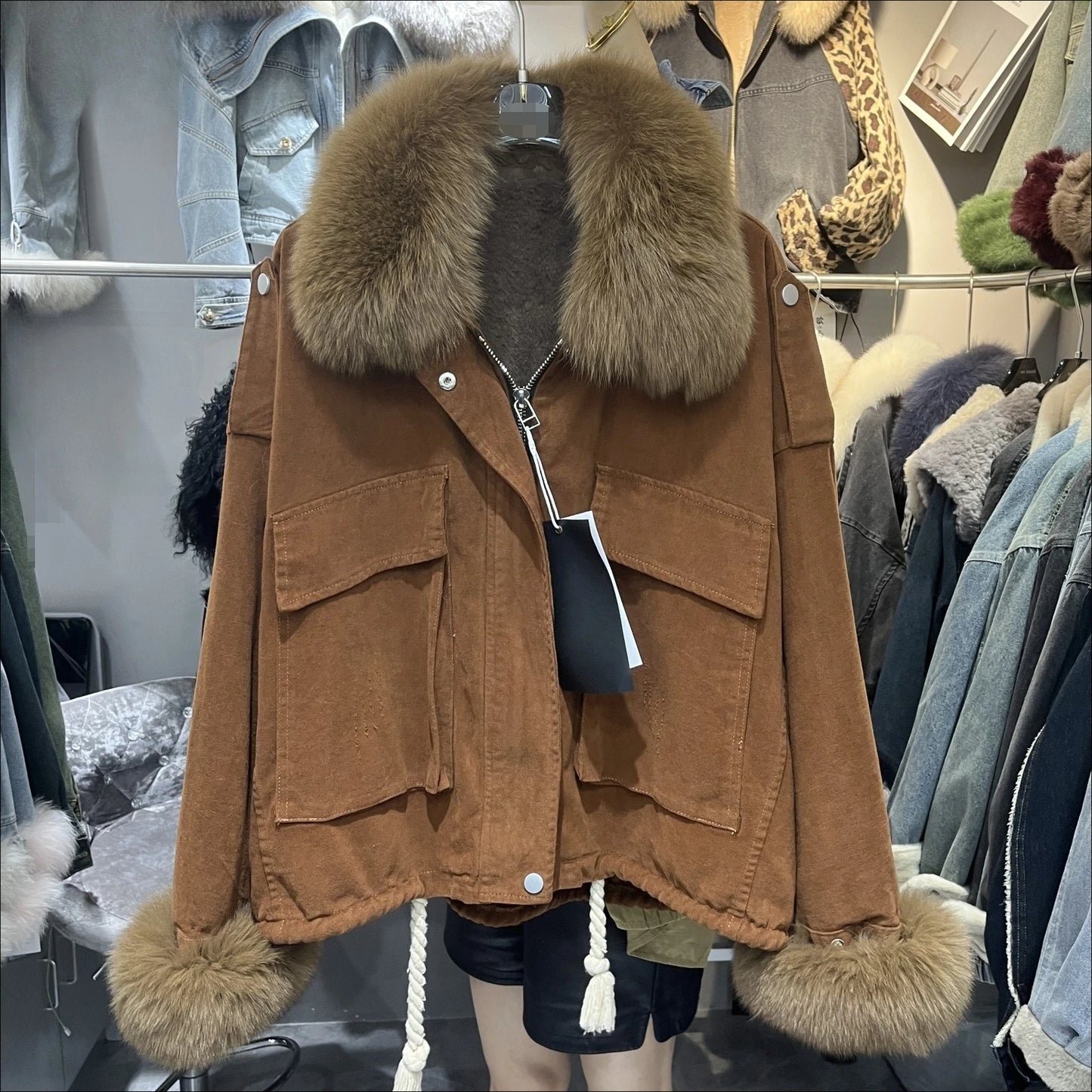 Winter Denim Jacket with Fox Fur Collar – Fleece-Lined Thick Cotton Coat, Oversized Korean Style, Batwing Sleeves