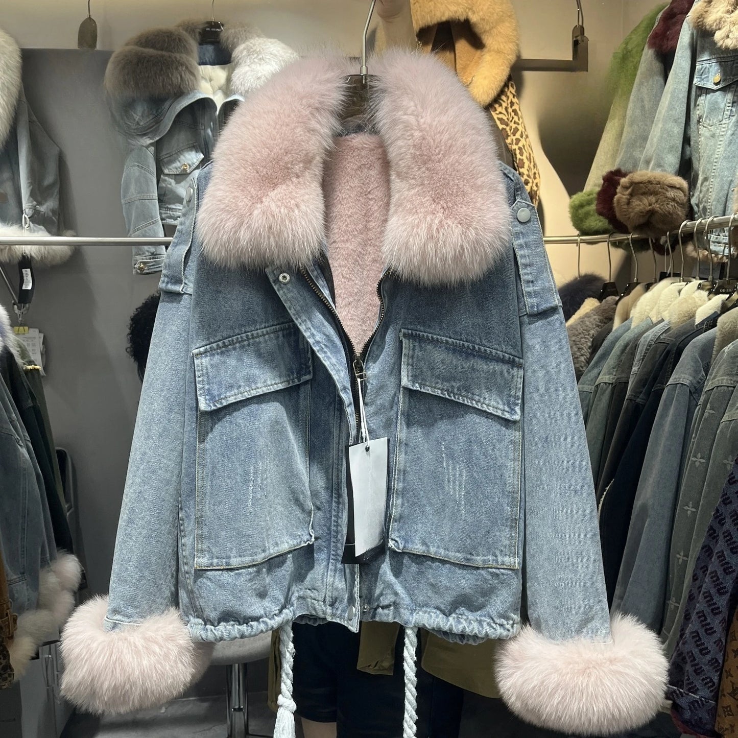Winter Denim Jacket with Fox Fur Collar – Fleece-Lined Thick Cotton Coat, Oversized Korean Style, Batwing Sleeves