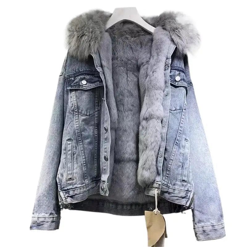 Women’s Winter Oversized Cotton Jacket – Thickened Short Coat with Denim Collar, Korean Style, Warm & Breathable