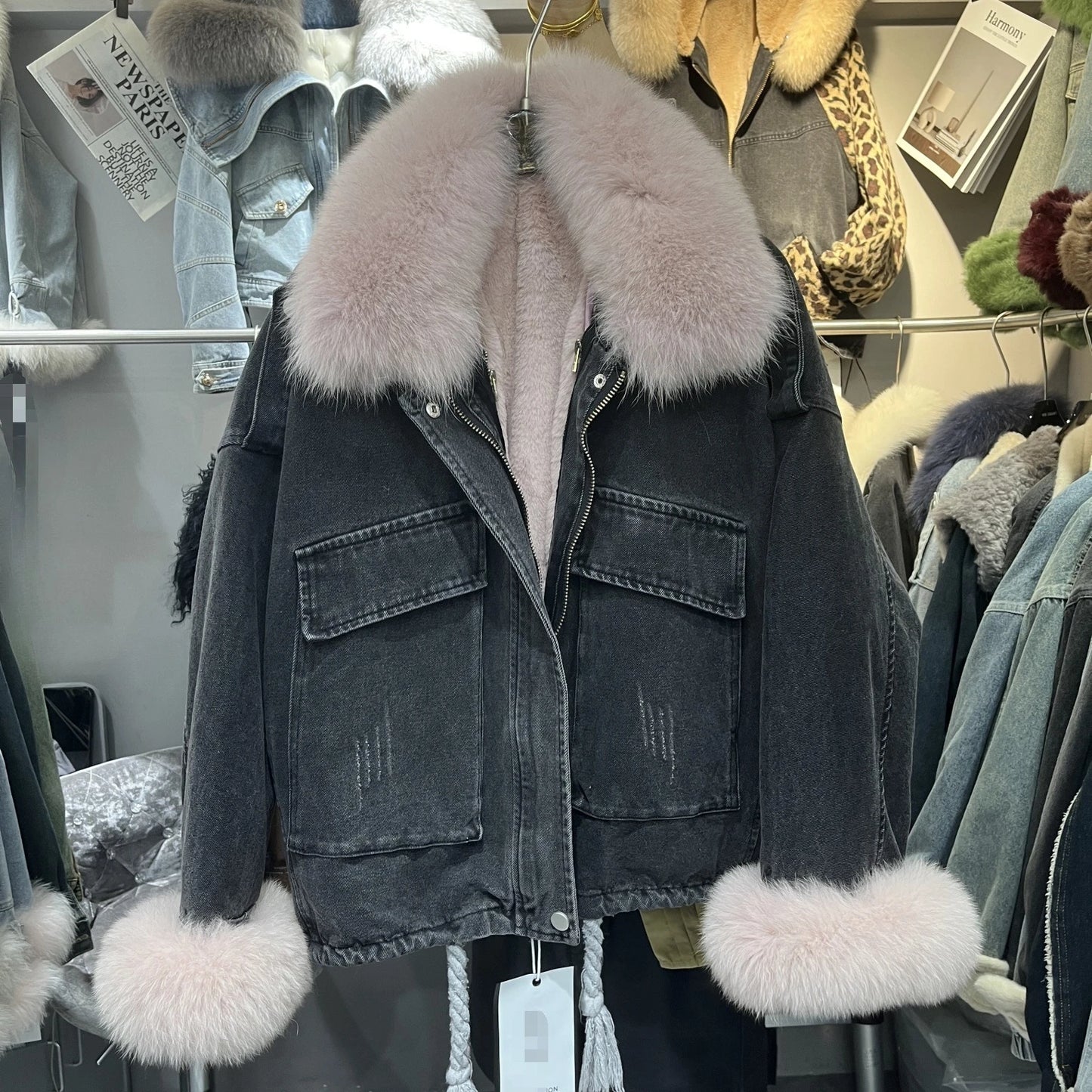 Winter Denim Jacket with Fox Fur Collar – Fleece-Lined Thick Cotton Coat, Oversized Korean Style, Batwing Sleeves