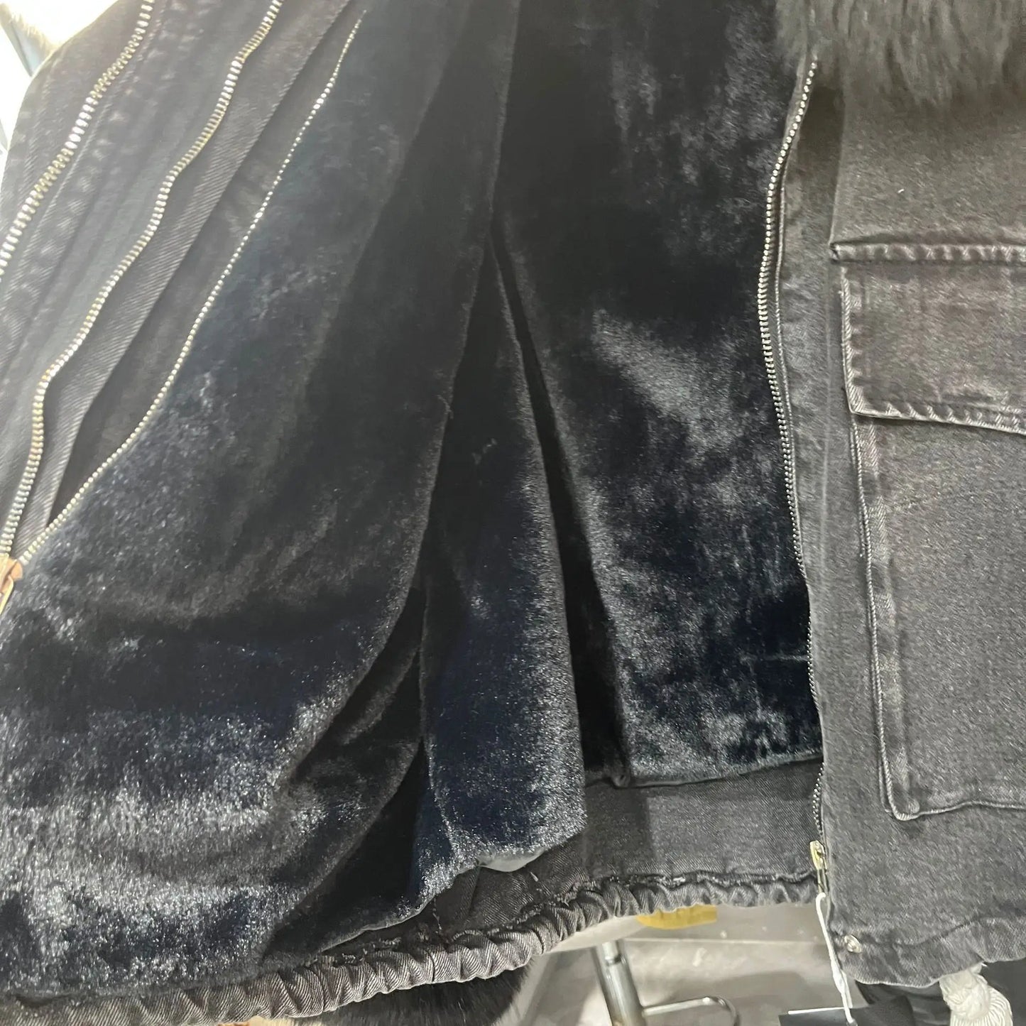 Winter Denim Jacket with Fox Fur Collar – Fleece-Lined Thick Cotton Coat, Oversized Korean Style, Batwing Sleeves