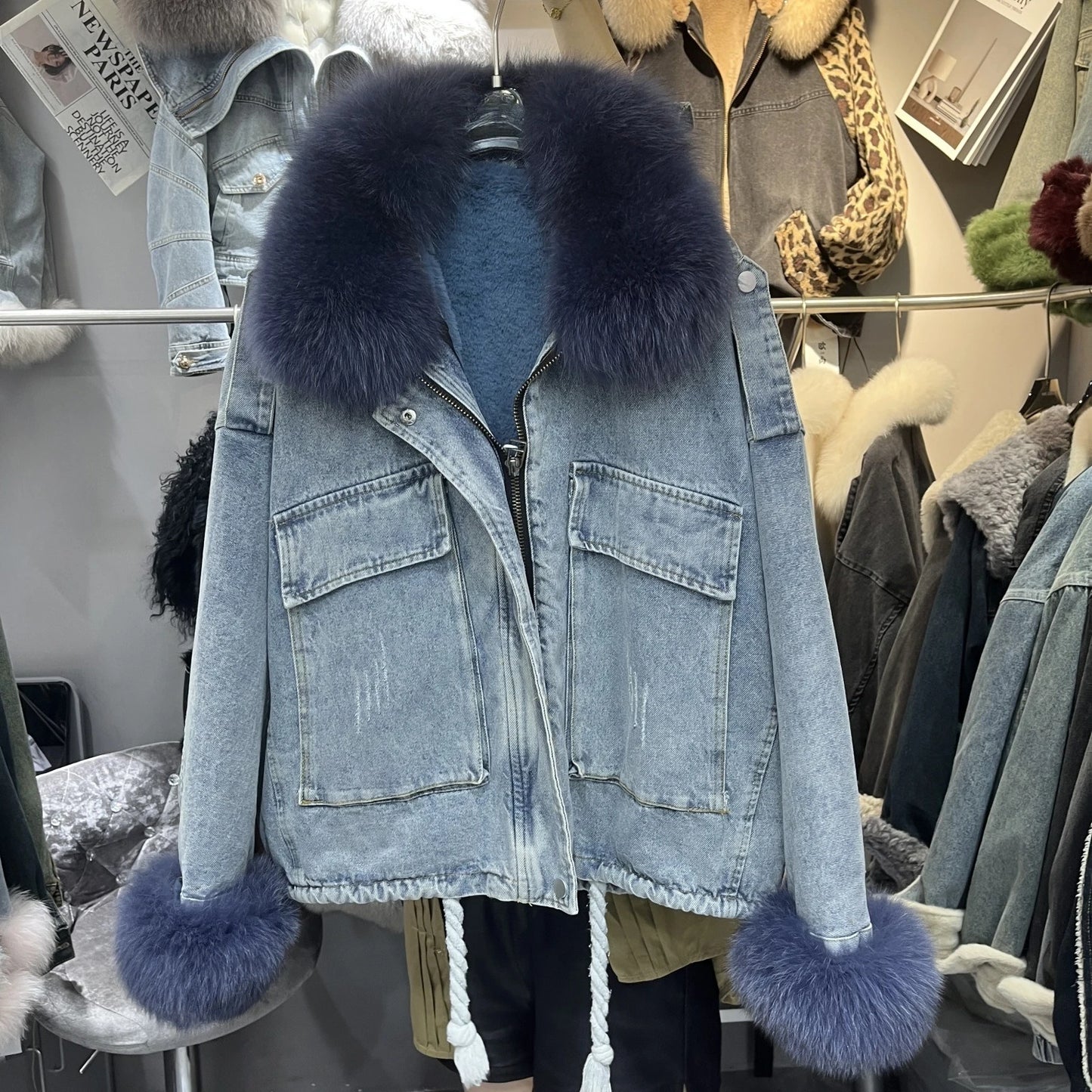 Winter Denim Jacket with Fox Fur Collar – Fleece-Lined Thick Cotton Coat, Oversized Korean Style, Batwing Sleeves