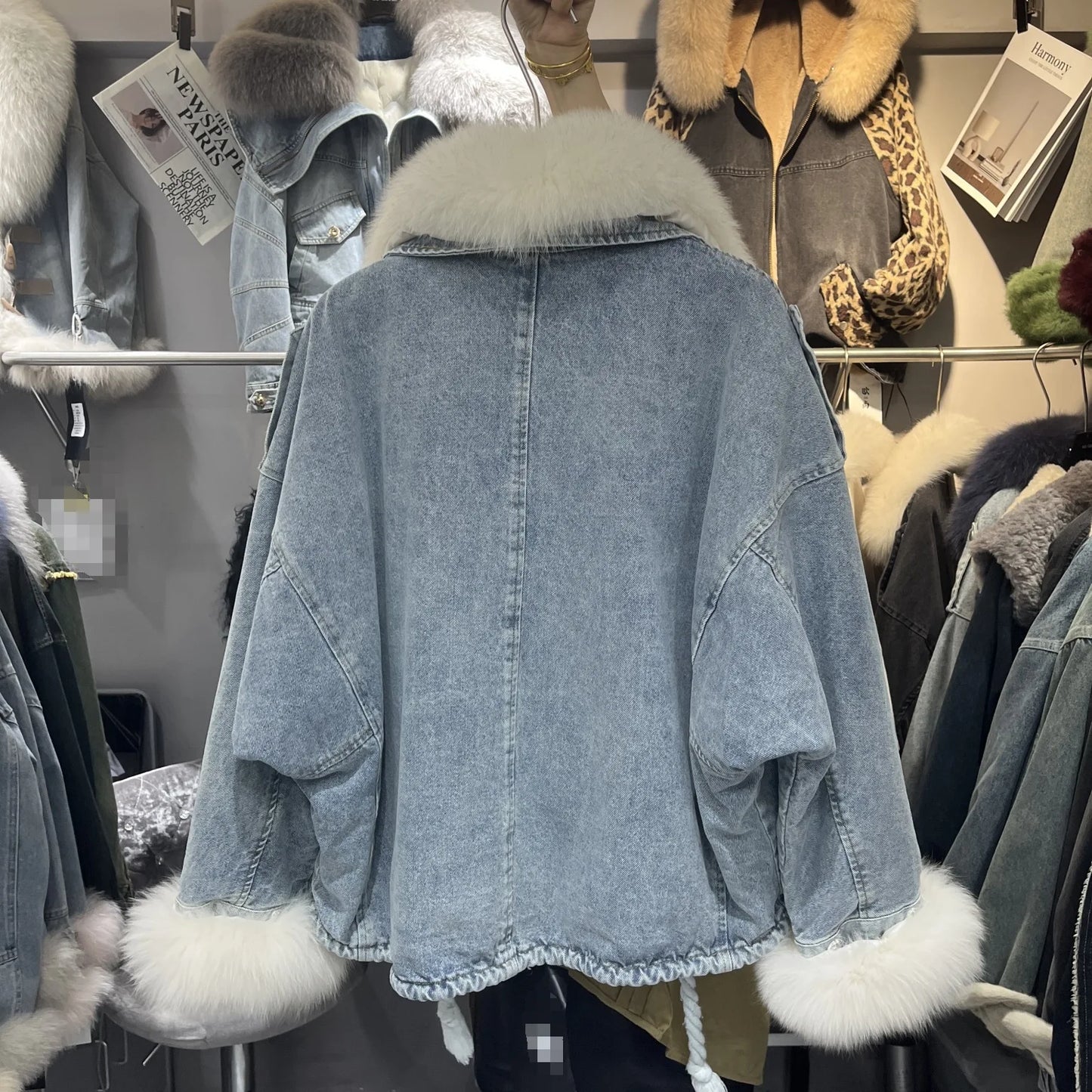 Winter Denim Jacket with Fox Fur Collar – Fleece-Lined Thick Cotton Coat, Oversized Korean Style, Batwing Sleeves