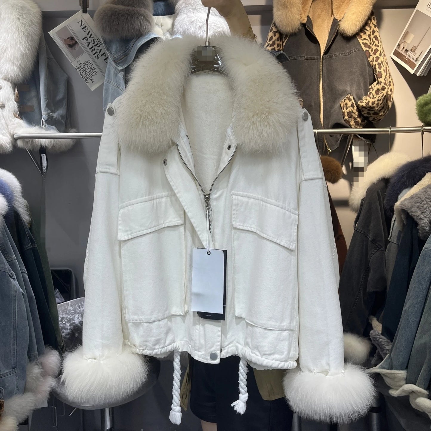 Winter Denim Jacket with Fox Fur Collar – Fleece-Lined Thick Cotton Coat, Oversized Korean Style, Batwing Sleeves