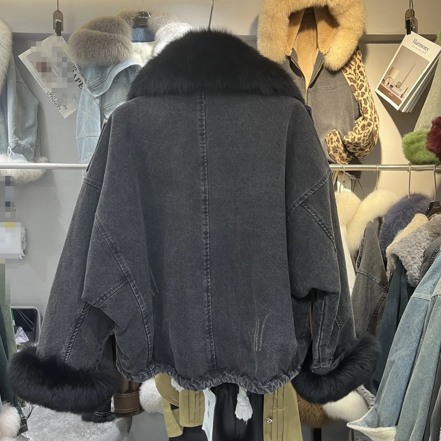 Winter Denim Jacket with Fox Fur Collar – Fleece-Lined Thick Cotton Coat, Oversized Korean Style, Batwing Sleeves