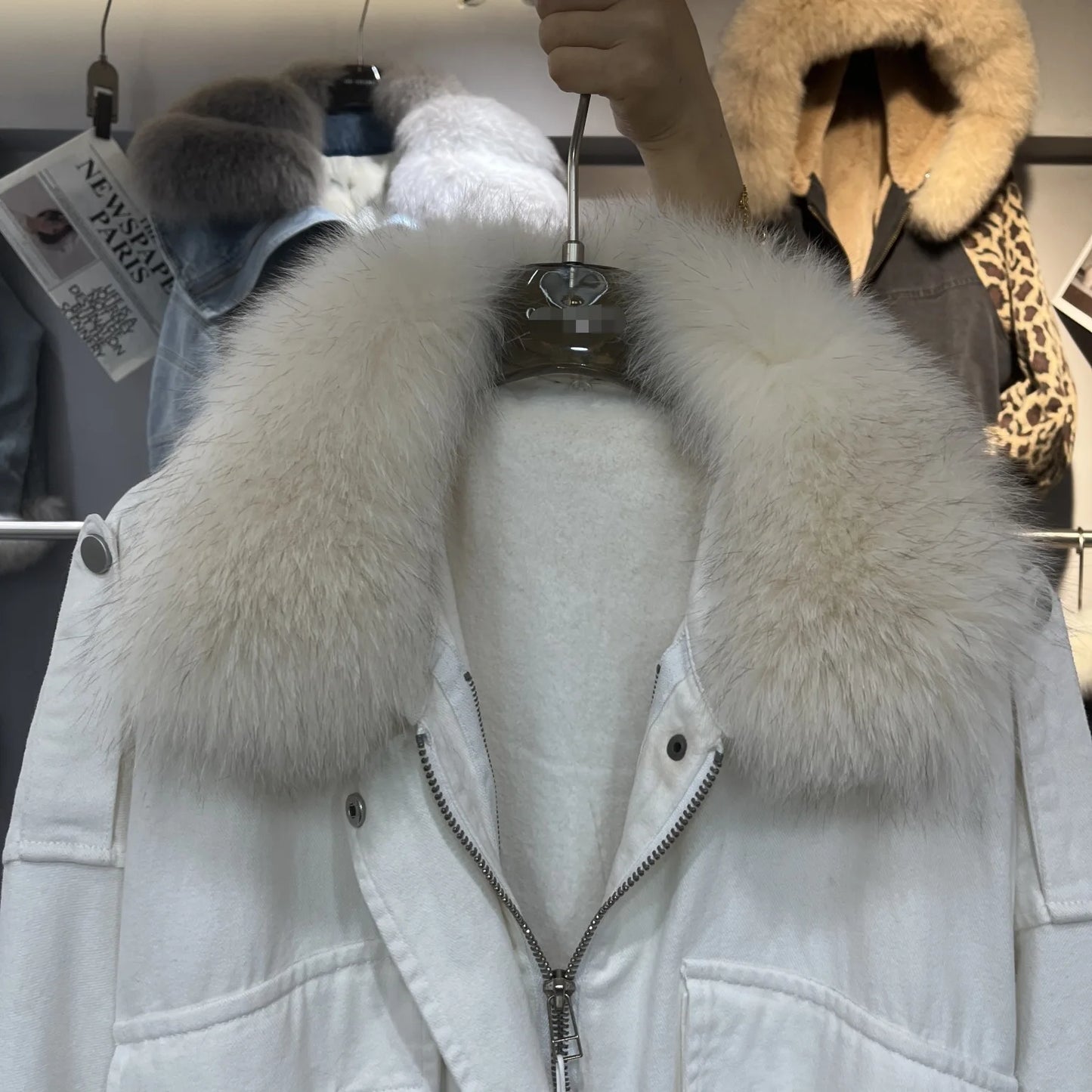 Winter Denim Jacket with Fox Fur Collar – Fleece-Lined Thick Cotton Coat, Oversized Korean Style, Batwing Sleeves