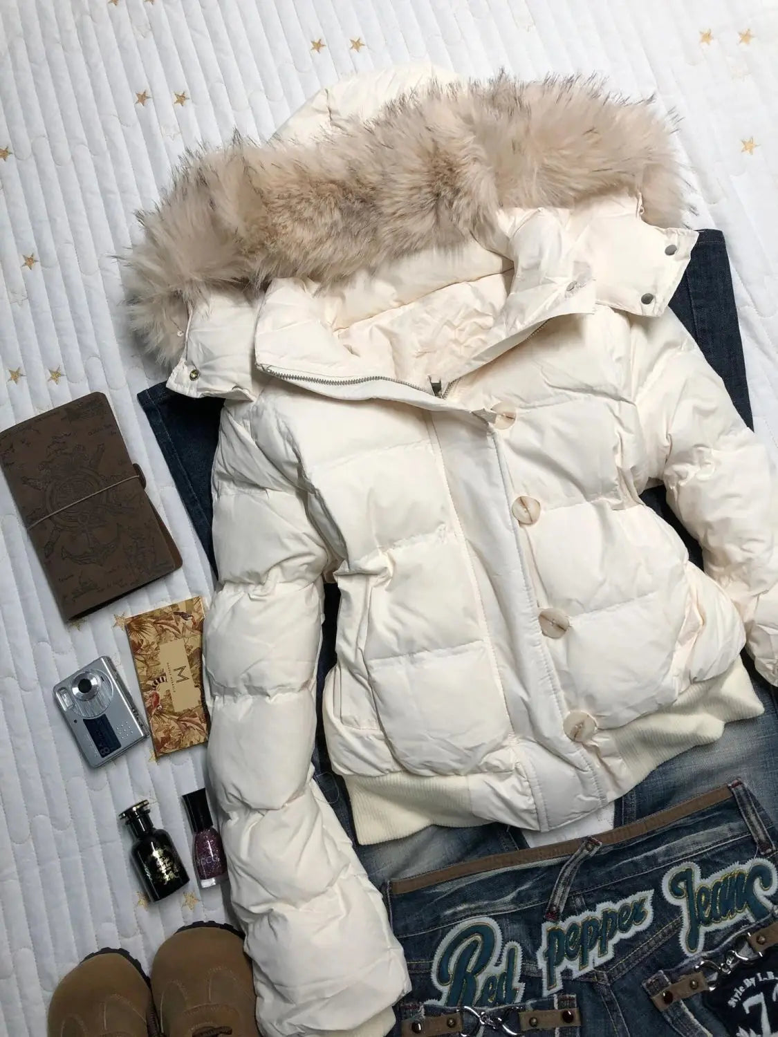 American Retro Women’s Hooded Cotton Jacket with Fur Collar – Warm Winter Casual Coat