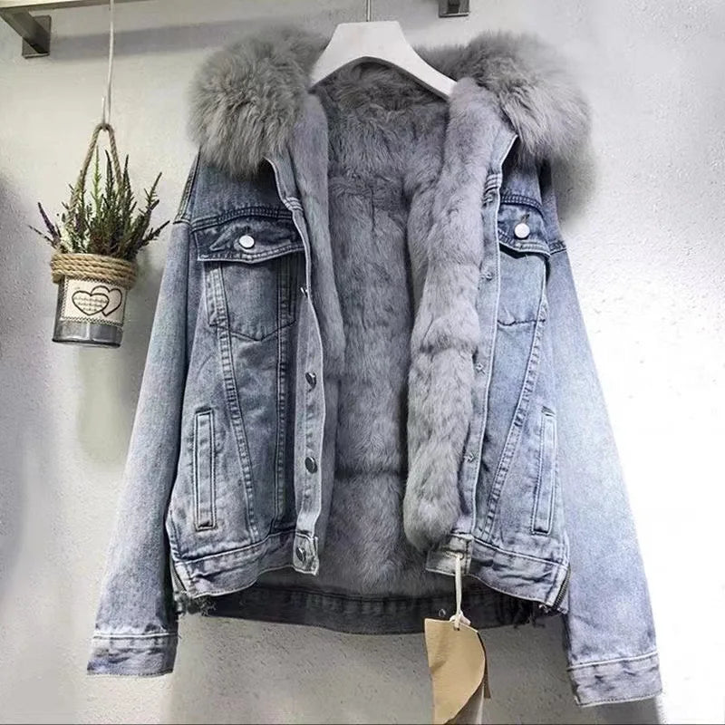 Women’s Winter Oversized Cotton Jacket – Thickened Short Coat with Denim Collar, Korean Style, Warm & Breathable