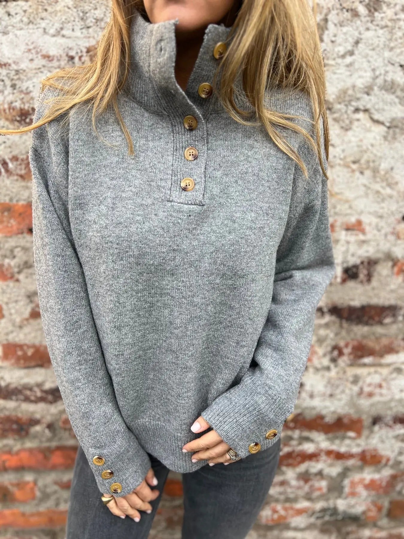 Chic Button Stand Collar Sweater – Stay Cosy & Stylish
